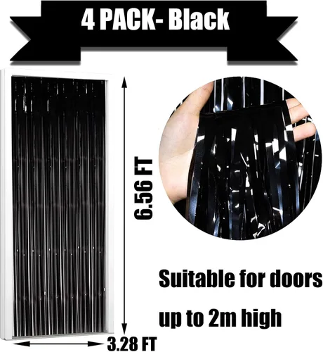 Vista 2 de Paquete de 4 cortinas de flecos de lámina de oropel negro, 3.28 pies x 6.56 pies, serpentinas metálicas para accesorios de cabina de fotos, bodas