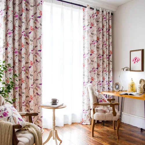 Vista 13 de VOGOL Cortina de ventana estilo campestre, cortinas estampadas con patrón de pájaros y hojas para dormitorio, paneles decorativos con ojales