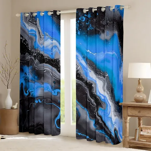Vista 2 de Feelyou Cortinas abstractas para dormitorio, sala de estar, cortinas opacas de oscurecimiento negro y azul, con estampado de mármol, 2 paneles de 38