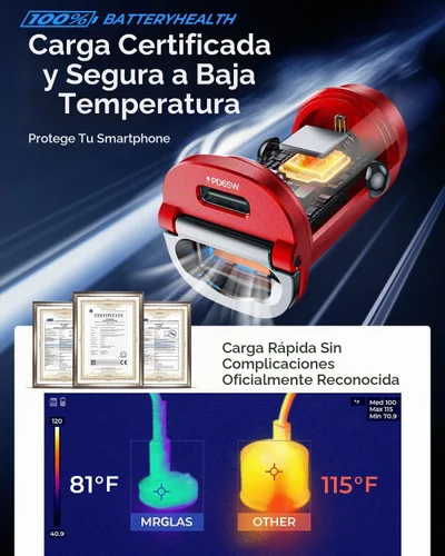 Vista 6 de MRGLAS【Actualizado】 Cargador de coche USB C de 125 W de carga súper rápida Rojo