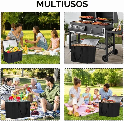 Vista 7 de Longzhuo Paquete de 3 bolsas de comestibles aisladas con cierre superior, bolsas de compras negras con asas, bolsa enfriadora plegable reutilizable