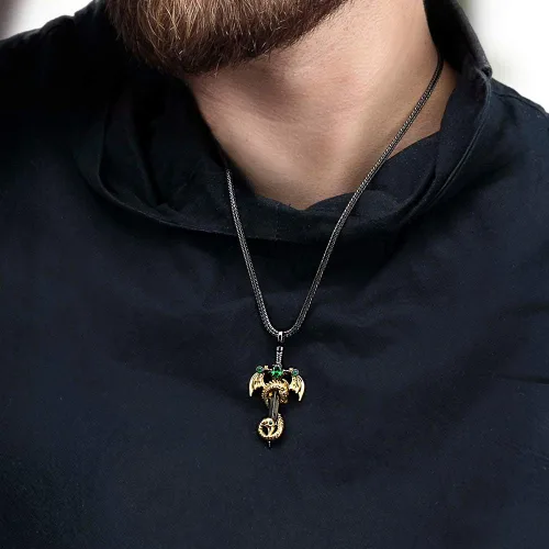 Vista 3 de Collar de dragón vintage con piedras natales personalizadas en espada, regalo de joyería de aniversario para él y hombres, colgante punk