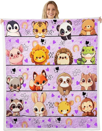 Vista 30 de Manta de franela de animales de dibujos animados para todas las estaciones, manta de cama azul con estampado de amor Kawaii para decoración