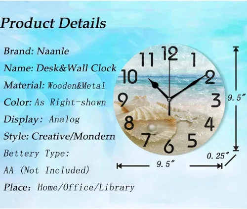 Vista 3 de Naanle Reloj de pared redondo con estampado de perlas grandes, diseño de concha de playa de verano 3D, elegante, decorativo, de 9.5 pulgadas