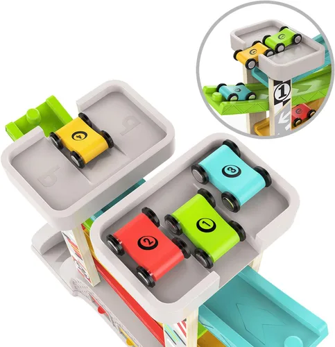 Vista 5 de TOP BRIGHT Juguete de rampa de coche para regalos de niños de 2 a 3 años, juguete de pista de carreras para niños de 18 meses con 4 autos de madera