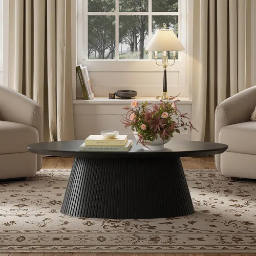 Vista 9 de win2win Mesa de Centro Ovalada, Mesa de Centro Moderna con Diseño Acanalado, Mesa de Té Minimalista con Chapa de Veta de Madera, Mesa Central