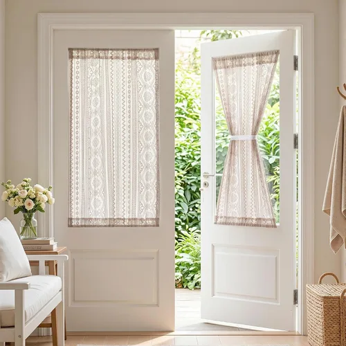 Vista 20 de MYSKY HOME Cortinas de encaje beige para puerta francesa de 40 pulgadas de largo, 2 paneles de cortinas florales bohemias transparentes para puerta
