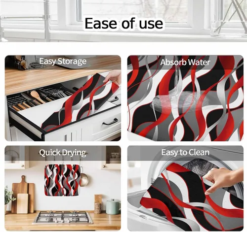 Vista 6 de Tapete de secado de cocina para mostrador de líneas abstractas 3D en negro, absorbente, plegable, de microfibra, color rojo, blanco, gris