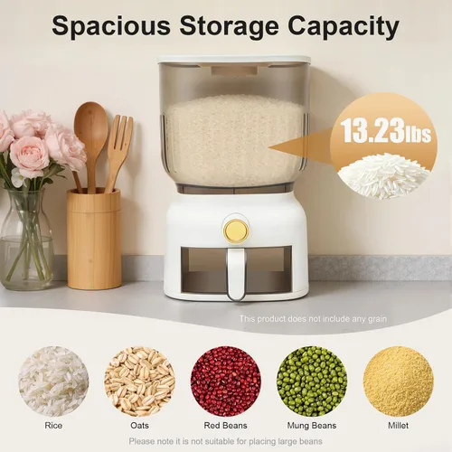 Vista 2 de Dispensador de arroz de 13.2 lbs, contenedor grande de almacenamiento de granos sellados con taza de arroz, dispensador de alimentos, organizador