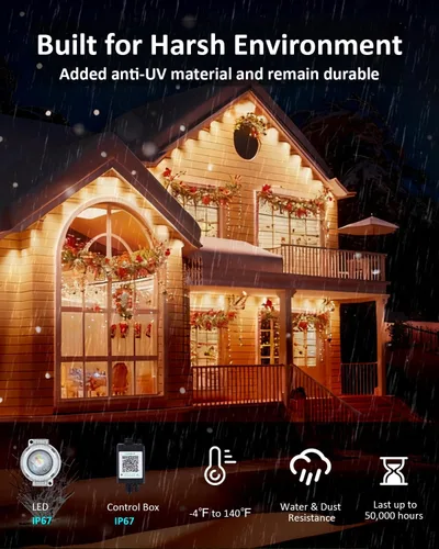 Vista 3 de [Usado] Luces Permanentes para Exteriores de 300 FT, Luces LED RGB para Aleros con IP67 Impermeable, Control Remoto con Aplicación Inteligente