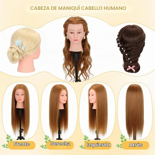 Vista 4 de Cabeza de maniquí con 80% de cabello humano de 26-28 pulgadas, cabeza de práctica de maniquí de cosmetología con cabello humano, cabeza de muñeca