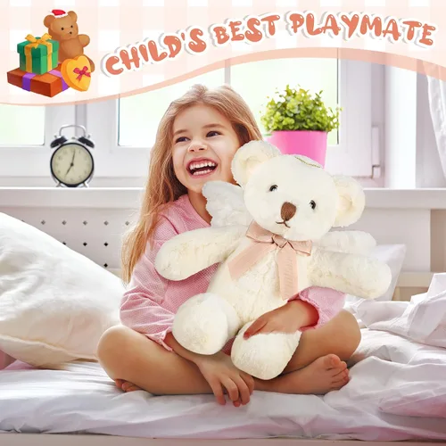 Vista 5 de Sratte Oso de ángel de peluche de 16 pulgadas con alas y lazo suave y lindo juguete de peluche para niños y niñas, cumpleaños, baby shower, bautizo