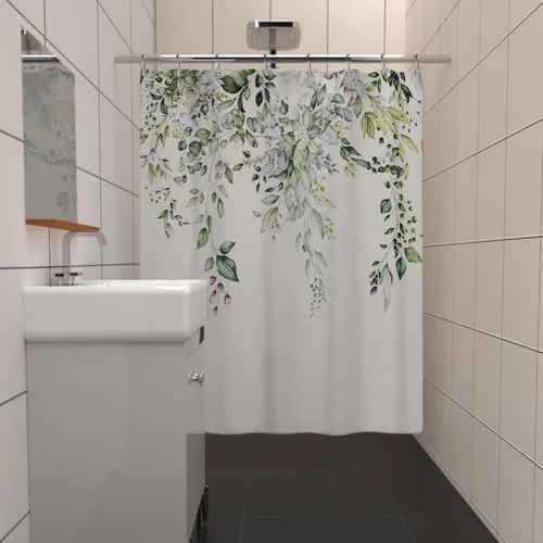 Vista 2 de Yeele Cortinas de ducha con diseño de hojas verdes, cortinas de ducha de tela de flores silvestres para baño, cortina de baño de plantas florales
