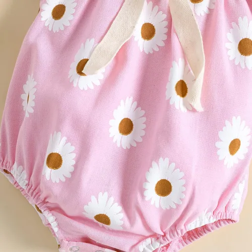 Vista 4 de Enterizo de verano de algodón para bebé recién nacida con estampado floral cuello cuadrado manga corta