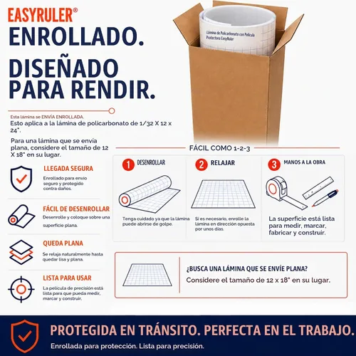 Vista 7 de Lámina de plástico transparente de policarbonato de 12" x 24" x 0.030" (1/32") exacta con película EasyRuler, resistente a roturas, más fácil