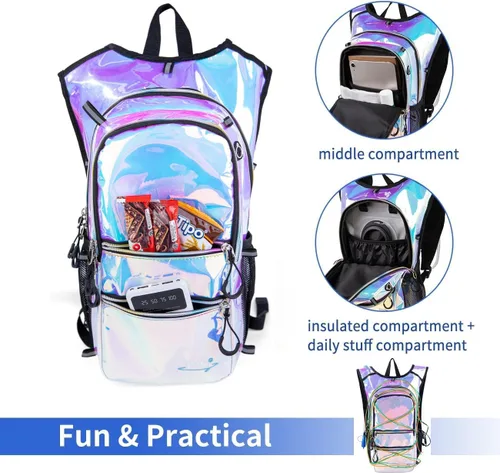 Vista 5 de Mochila de hidratación con luces frías, bolsa de agua de 2 L, bolsa ligera para correr, senderismo, bicicleta, escalada, festival de música esencial