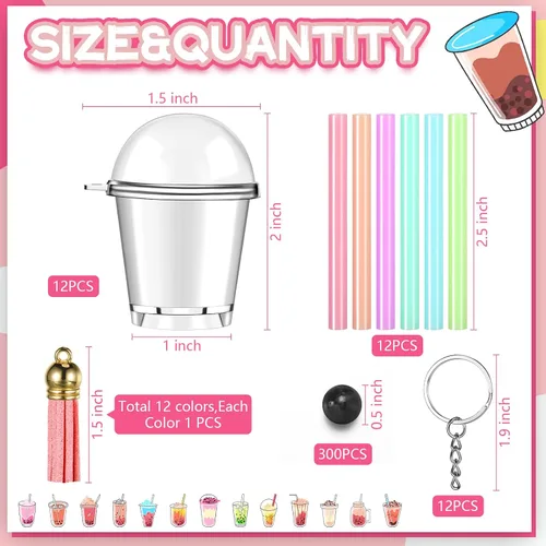 Vista 2 de Cunno 348 piezas de mini llaveros de té lechoso, accesorios de pegamento de té de burbujas, incluye anillos para llavero, mini taza, colgante