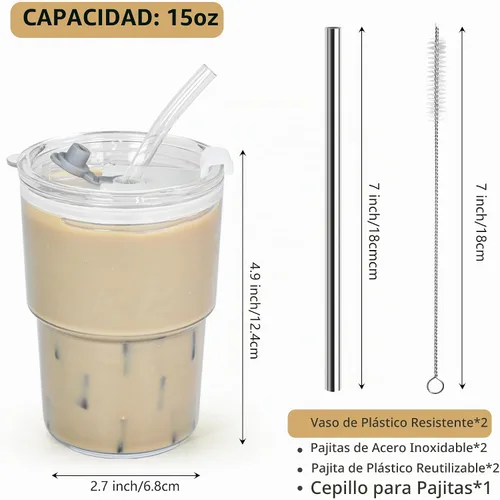 Vista 2 de Juego de 2 Tazas de Plástico de 15 oz para Café Helado Matcha con Tapas y Popotes, Vasos para Beber Irrompibles Reutilizables para Café Helado
