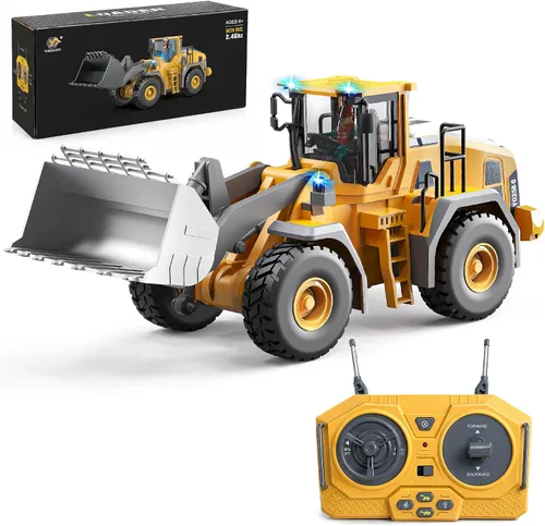 Vista 9 de YESHIN Bulldozer a control remoto, tractor de metal de 9 canales con luces y sonido, juguete de vehículo de construcción de 2.4 GHz, recargable