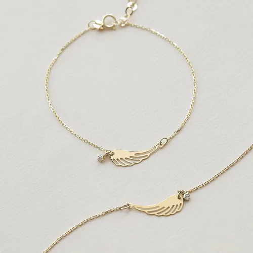 Vista 4 de Pulsera de ala de ángel de diamantes para mujer, pulseras con dije de ala de oro real de 14 quilates, pulseras delicadas de oro macizo de 14
