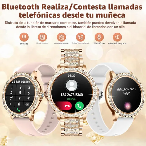 Vista 3 de Relojes Inteligentes para Mujeres (Hacer/Contestar Llamadas) con Diamante: 1.32" Reloj Rastreador de Fitness para FC/Presión Arterial/SpO2/Monitor
