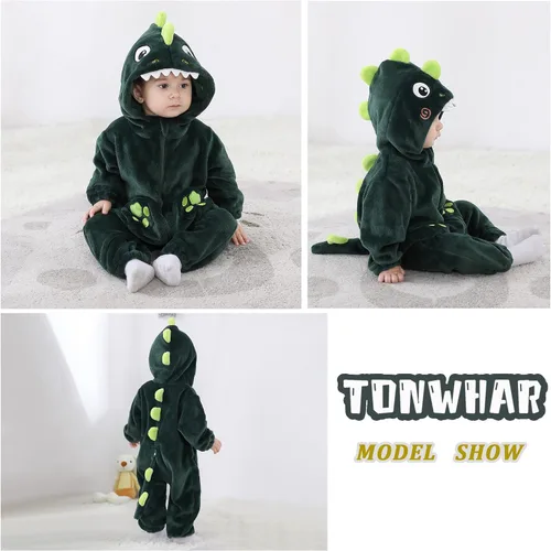 Vista 5 de TONWHAR Disfraz de Halloween para bebés y niños pequeños, traje de nieve de animales (12-18 mesesaltura 74 a 31.1 in, dinosaurio verde oscuro)