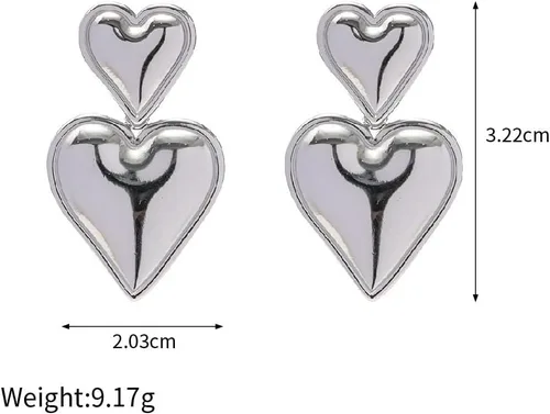 Vista 2 de Caiyao Aretes colgantes chapados en oro y plata para mujer, hipoalergénicos, de doble corazón, grandes, grandes, grandes, joyería para fiesta