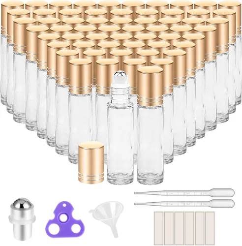 Vista 17 de PrettyCare 4 Pack 10ml Amber Glass Essential Oil Roller Bottles - Roller Ball Applicator, Leakproof Roll on Bottles, Travel Size Containers, Empty