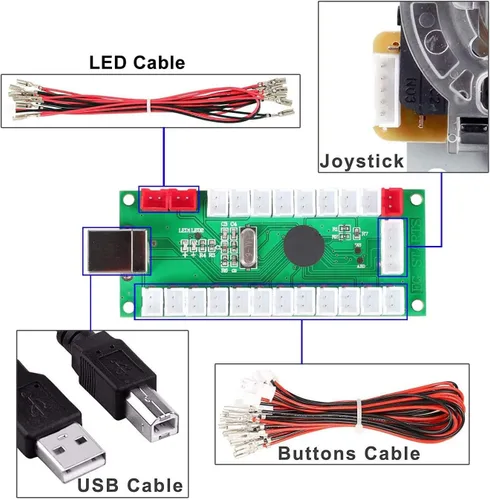 Vista 6 de Avisiri 1 jugador Arcade Botones Joystick DIY Kit Piezas Incluyen 1 x Elipse Balltop Handle Stick 10x LED Arcade Button 1x USB Encoder Controller