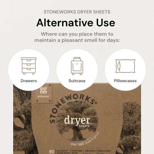 Vista 4 de Grab Green Stoneworks - Hojas compostables para secadora, aroma de rama de abedul, 80 unidades, suavizante de ropa a base de plantas y minerales que
