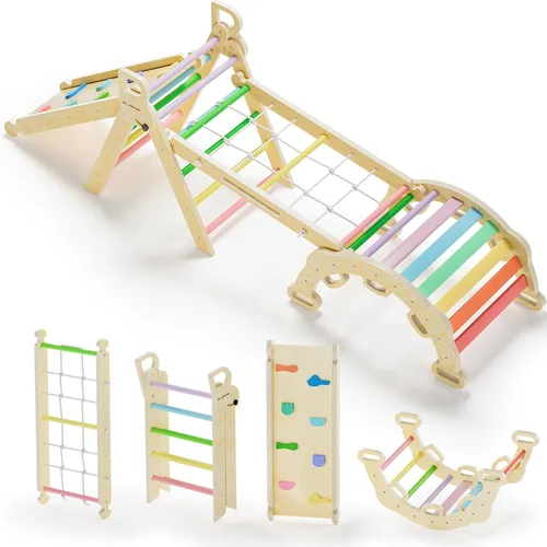 Vista 16 de BlueWood Pikler - Juego de triángulos 7 en 1 plegables, juguetes de escalada Montessori de madera con arco y rampa y escalera, escalador para bebés