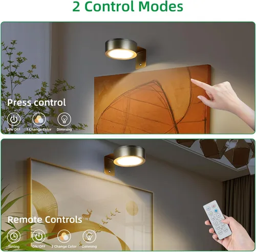 Vista 4 de Paquete de 2 luces inalámbricas para cuadros de pared, luz para cuadros recargable que funciona con batería con control remoto, luz regulable