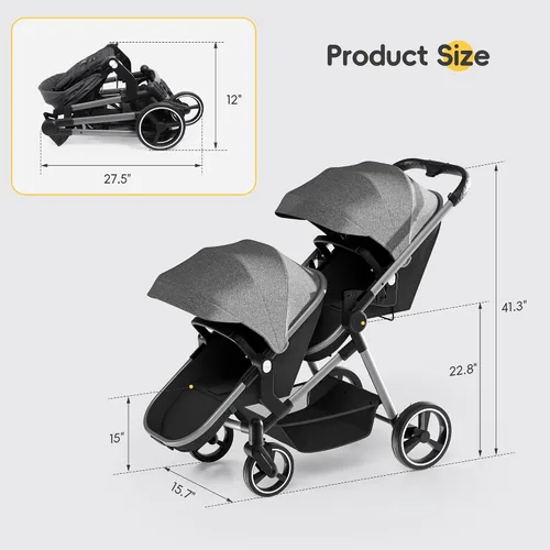 Vista 8 de MU Cochecito doble, cochecito plegable en tándem doble con respaldo ajustable, asiento reversible, arnés de 5 puntos, canasta de almacenamiento Gris