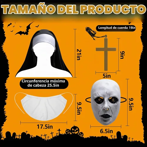 Vista 2 de PURPLE STAR 1N 2 Set/8 piezas de máscara de terror de monja de Halloween, accesorios de máscara de monja de cabeza completa, máscara de monjas
