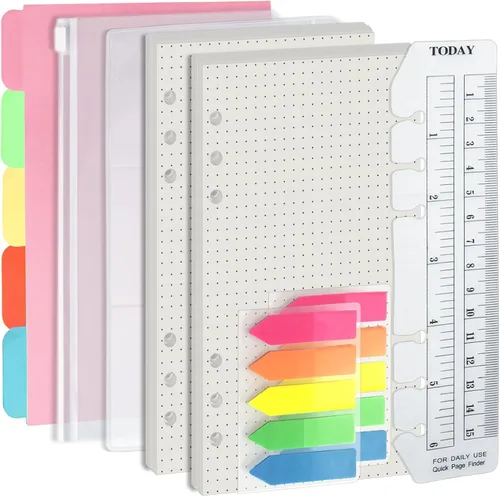Vista 15 de Harphia A5 - Juego de 6 agujeros de relleno de carpeta, 90 hojas sueltas en blanco liso con calcomanías y divisores, insertos de planificador