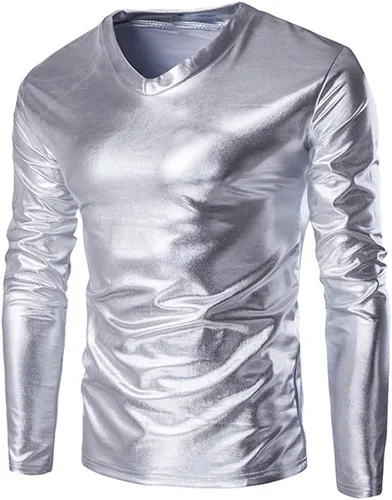 Vista 3 de VOWUA Camisas para hombre, túnica metálica, brillante, aspecto mojado, camiseta de charol, hip hop, discoteca, fiesta, blusa