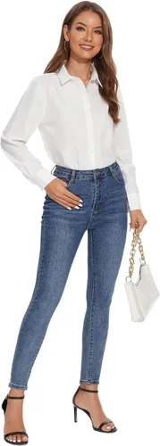 Vista 4 de YAMANMAN Camisas de vestir con botones para mujer, blusas de manga larga con cuello sin arrugas, blusas de trabajo sólidas Blanco