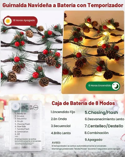 Vista 4 de [Usado] Guirnalda de Navidad con luces, cadena de piñas de 7 pies con bayas rojas, agujas, 20 luces LED C6 de Navidad, funciona con pilas, guirnalda