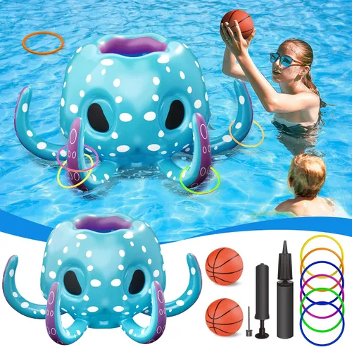 Vista 7 de iPlay, iLearn Juguetes de piscina de pulpo para niños, juego inflable 2 en 1 para piscina, juego de aro de baloncesto y lanzamiento de anillo, juego