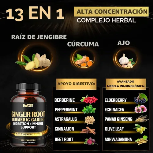 Vista 2 de Cápsulas de jengibre con cúrcuma curcumina, bulbo de ajo, berberina HCl, equinácea - 210 cápsulas