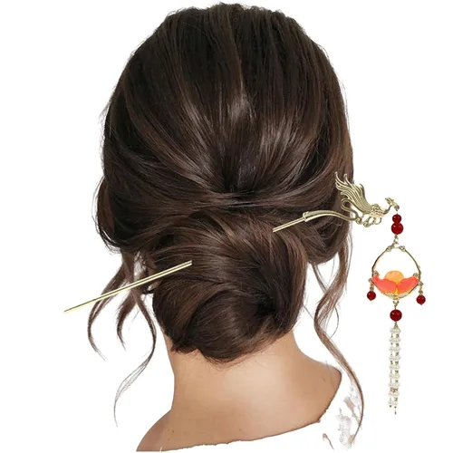 Vista 5 de Gancho de pelo con luz de linterna Bincout Meerore, accesorio de pelo con borla enrollada, estilo antiguo, para mujer #04