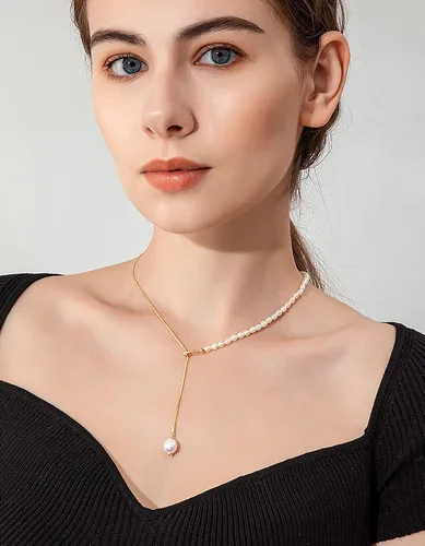 Vista 2 de Cowlyn Collar con colgante de perlas, cadena Lariat en forma de Y, oro de 14 quilates, colgante largo, joyería para mujeres y niñas, Metal