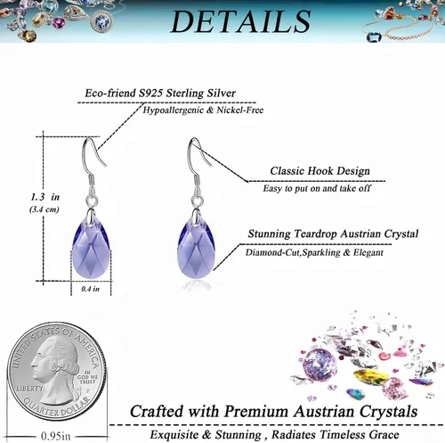 Vista 77 de Aretes colgantes de cristal austriaco con forma de lágrima para mujer, joyería hipoalergénica de plata de ley 925
