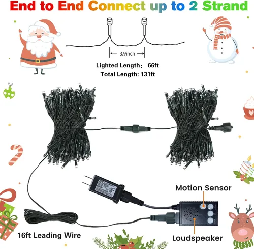 Vista 7 de Toodour - Luces LED de Navidad para exteriores, 131 pies, 350 luces LED para interiores con música, sensor de movimiento, luces de árbol de Navidad