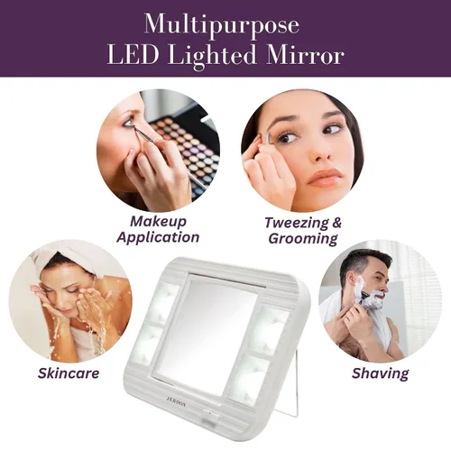 Vista 7 de JERDON Espejo de maquillaje de dos caras con luces, espejo de tocador con aumento 5X e iluminación sin reflejos de dos ajustes, base blanca