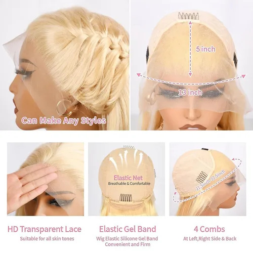 Vista 4 de Myecool Peluca de cabello humano con encaje frontal 613 de 26 pulgadas, 13 x 5, lacio, 613 HD, encaje frontal, cabello humano prearrancado, nudos