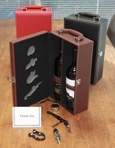 Vista 8 de Lifestyle Top Handle Travel Two Bottle Wine Carrier Case con 4 piezas Juego de accesorios de vino (negro)