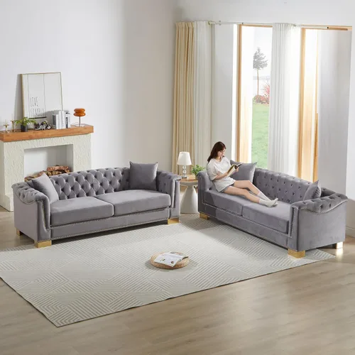 Vista 13 de Chesterfield - Juego de 2 sofás combinados de terciopelo de 3 plazas, 4 cojines clásicos de 6.5 pulgadas, brazo enrollado moderno adecuado para sala