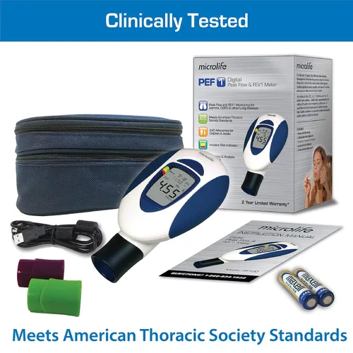 Vista 3 de Microlife PF100 Medidor de flujo máximo para espirometría con VEF1, color blanco/azul
