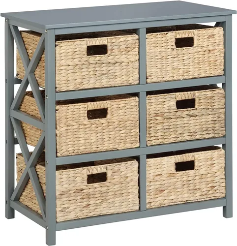 Vista 8 de eHemco Mesa auxiliar de 3 niveles con diseño en X y cestas de mimbre para mesita de noche, sala de estar, negro 3 cestas de mimbre, para mesita